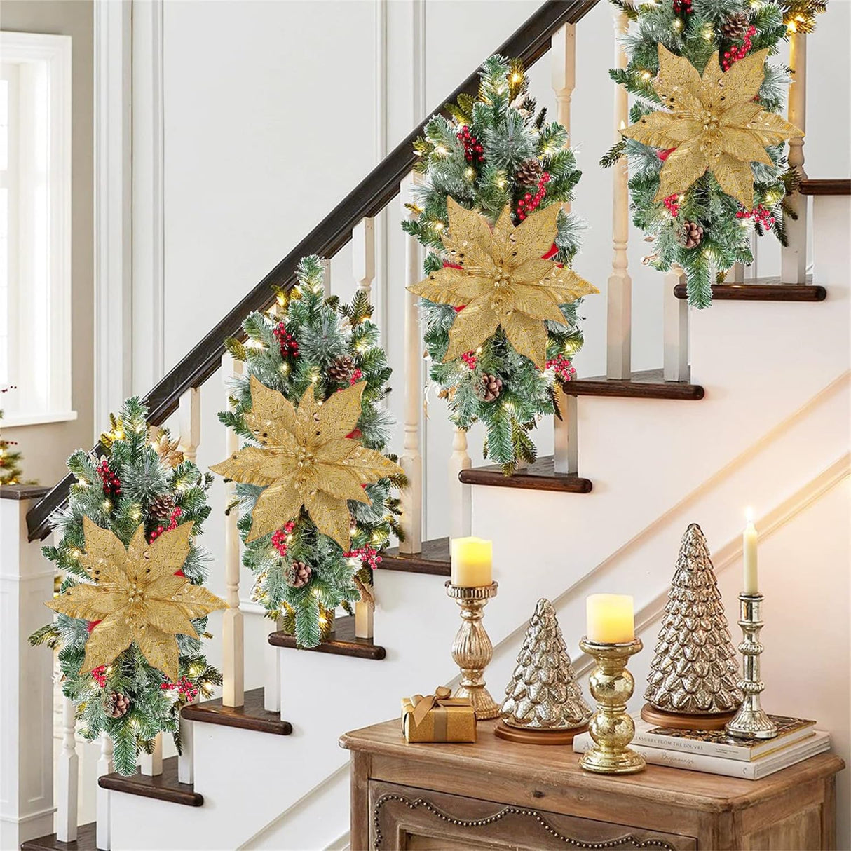 Flores Poinsettia Artificial Briful, Set de 4, 12'' Grandes