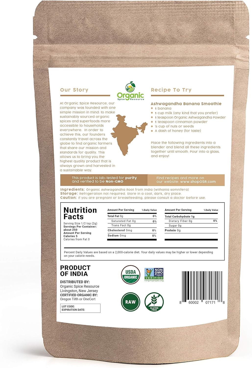 Polvo de Raíz de Ashwagandha Orgánico - SHOPOSR, 100% Crudo