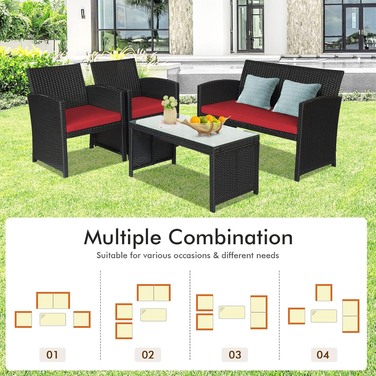 Goplus Juego de muebles de ratán para patio, 4 piezas, juego de sofá y mesa de mimbre para exteriores con cojines suaves y mesa de centro de vidrio templado para balcón, jardín, patio trasero (rojo)