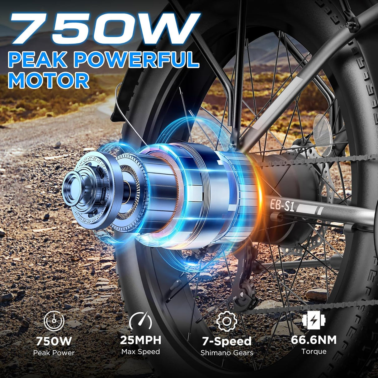 Bicicleta Eléctrica 750W, 25MPH, 60M, Suspensión, Modelo EBIKE