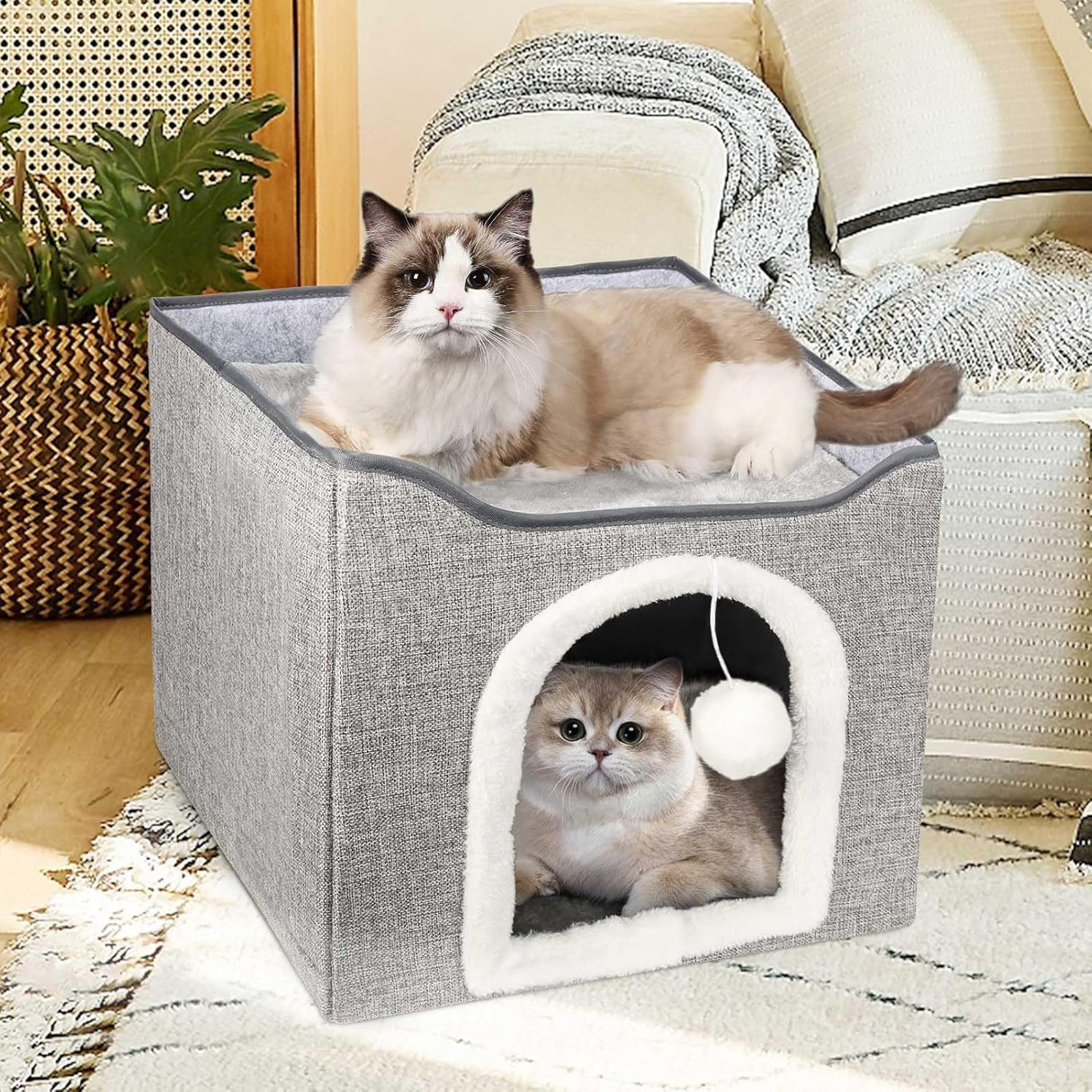 Cama Térmica para Gatos, Casa Plegable con Almohadilla Caliente