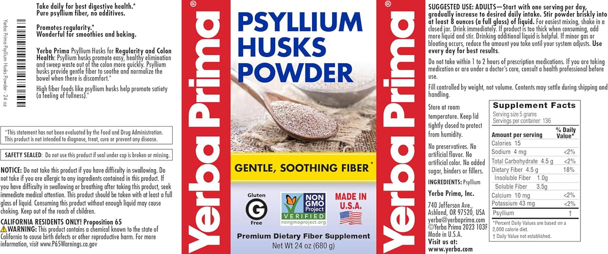 Psyllium Husk Powder Yerba Prima - Fibra Natural 24 oz