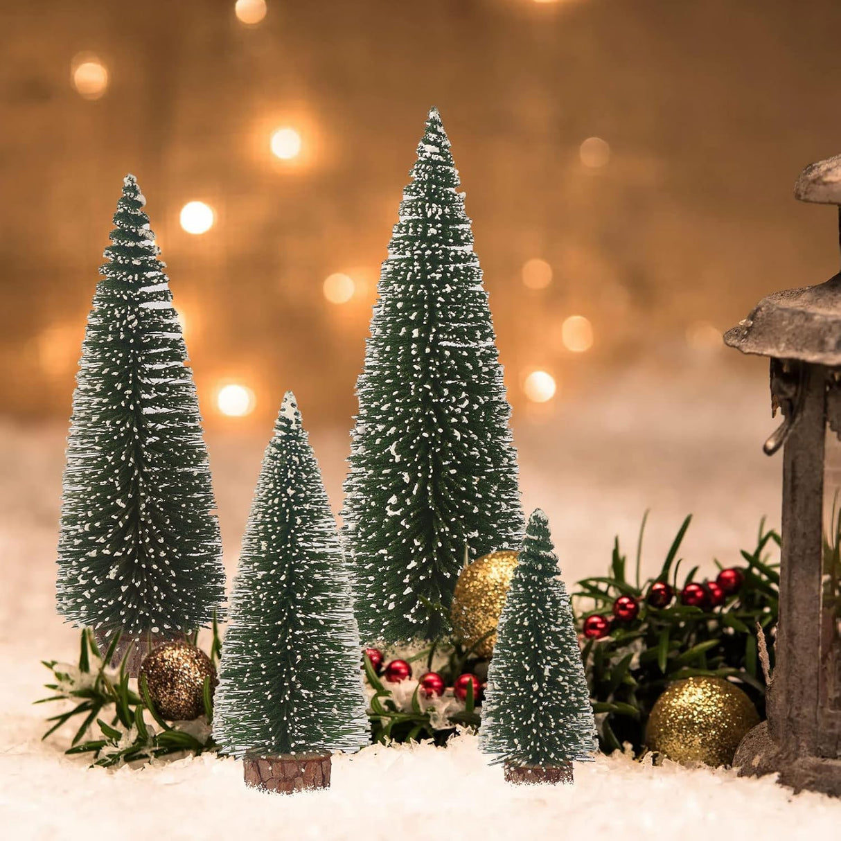 Mini Árbol de Navidad, Base de Madera, 4 Piezas, Decoración