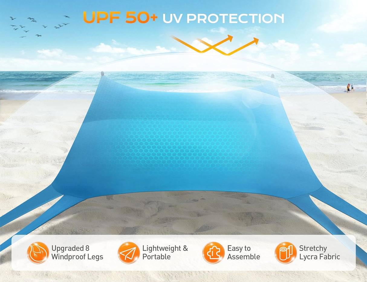 Tienda de playa UPF50+ con protección UV y estabilidad adicional