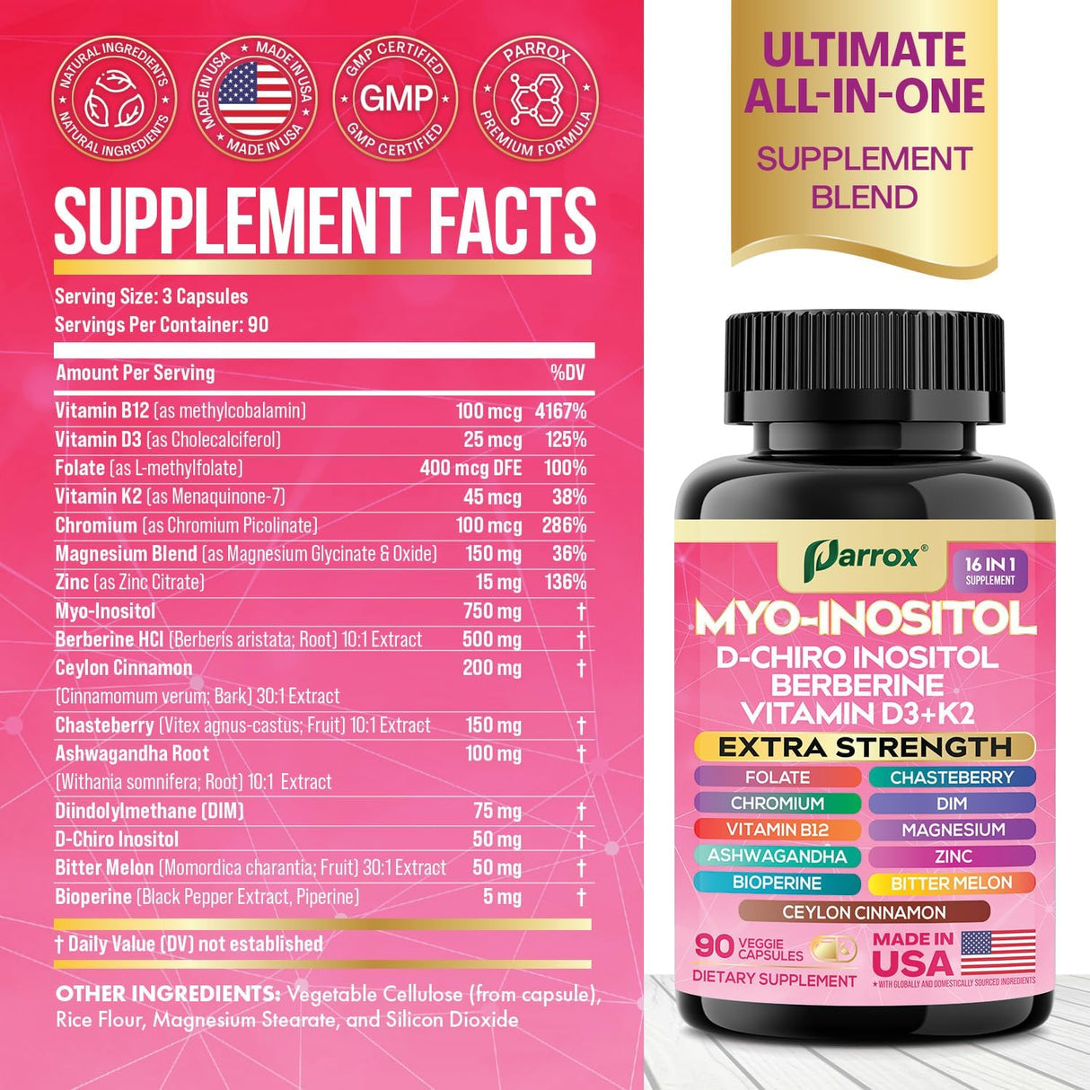 Suplemento de Inositol y vitaminas, 90 cápsulas veganas