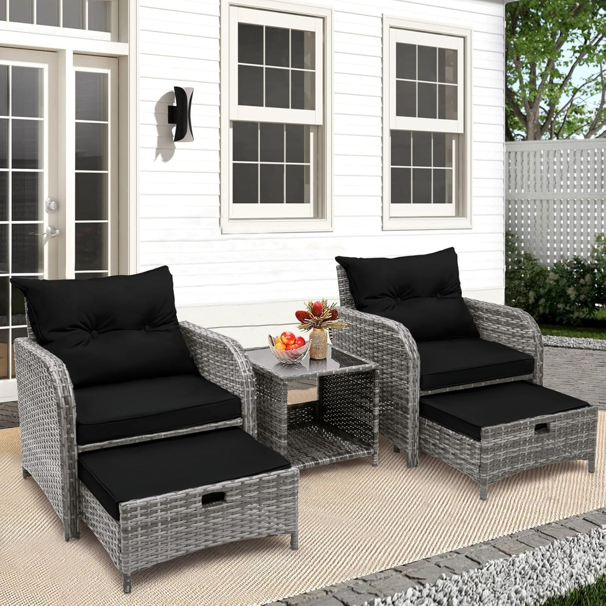 FYRICKYLINOO Juego de 5 sillas de mimbre para patio al aire libre con otomana, juego de muebles de conversación de patio con otomana debajo de todo tipo de clima, ratán de polietileno para todo tipo