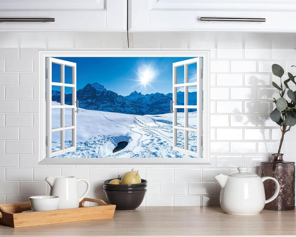 Adhesivo de pared falso para ventana mural de pared de nieve de invierno para decoración de pared, calcomanías de pared para pegar y despegar, 24 x 16 pulgadas