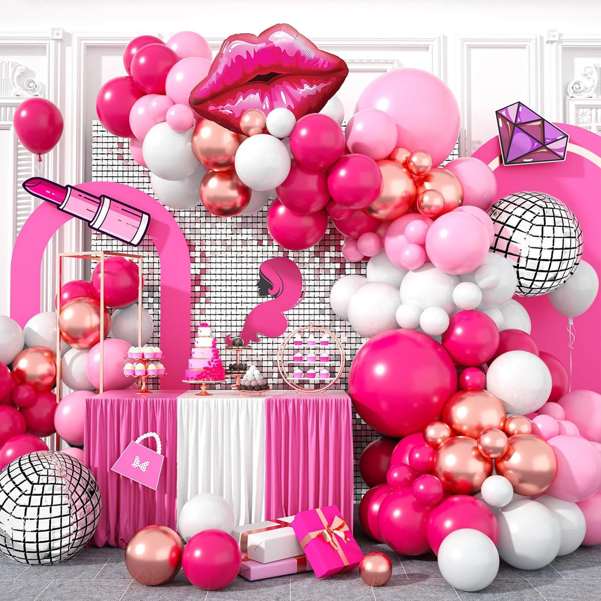 Arco Decorativo para Fiesta con Globos y Bolas de Disco