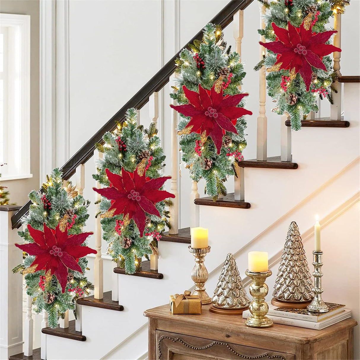 Flores Artificiales Briful 12'' Poinsettia para Decoración Navideña