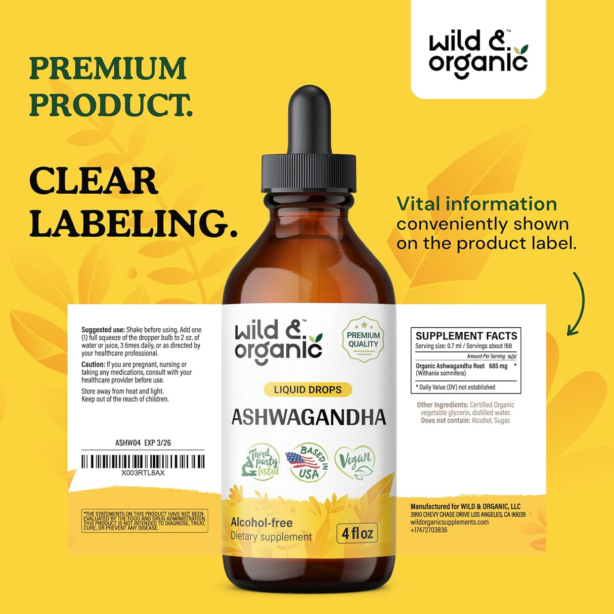 Gotas de Ashwagandha - Wild & Organic - Suplemento Calmante 4oz