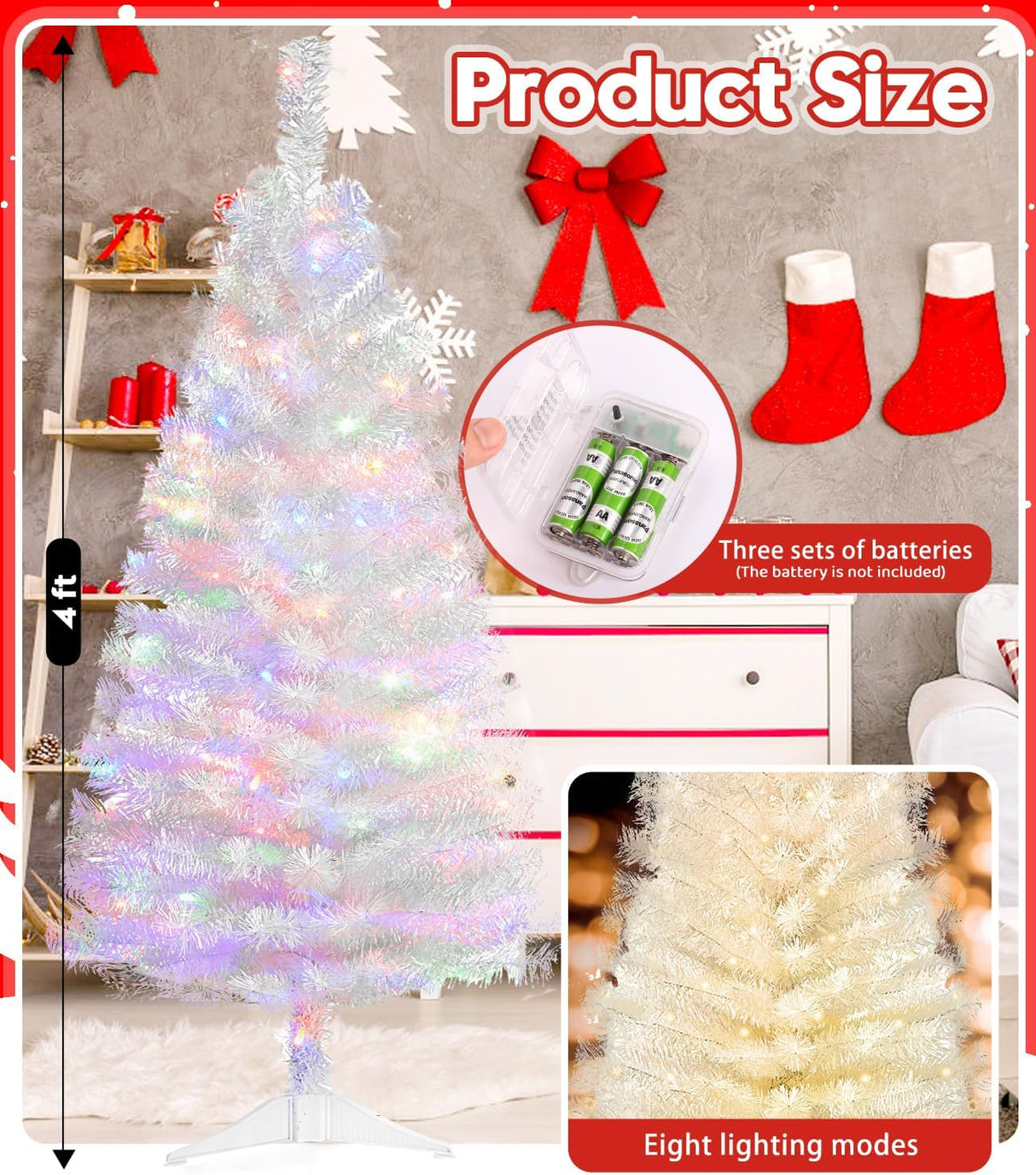 Árbol de Navidad Artificial Preiluminado, luces cálidas y de color, 4 pies