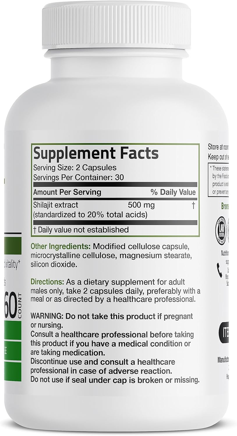 Suplemento Bronson Extracto de Shilajit de 500 mg 60 cáp