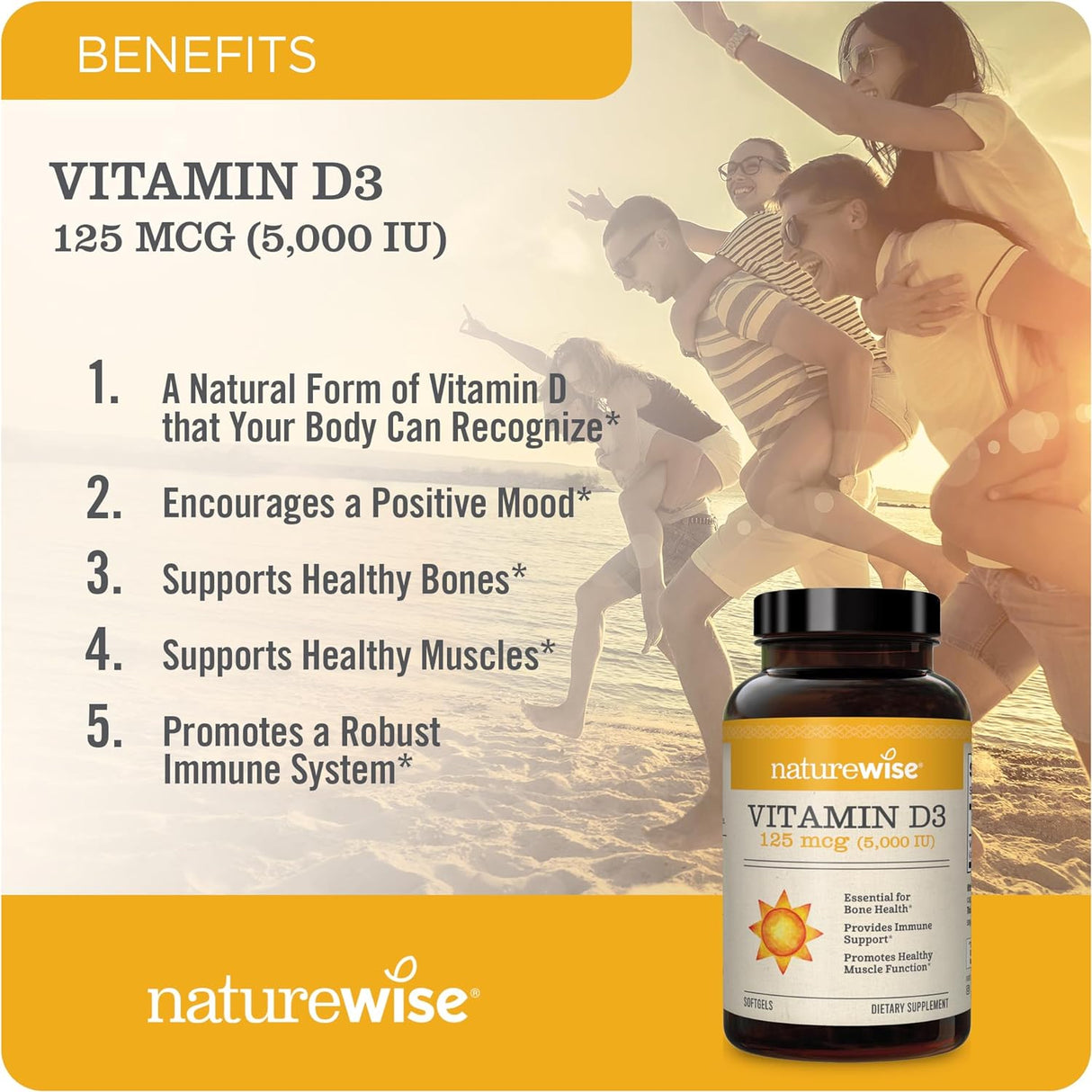 Vitamin D3 5000iu NatureWise, Función Muscular y Inmunidad, 200 Softgels