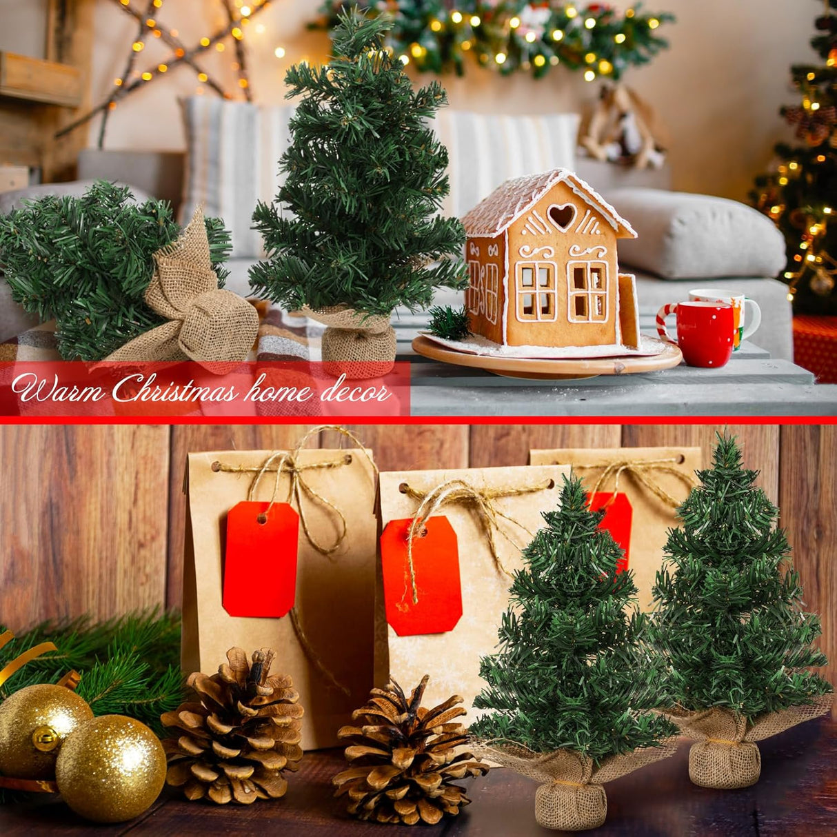 Árbol Mini Navidad Artificial, Base de Lino, 2 Pcs, 7.87