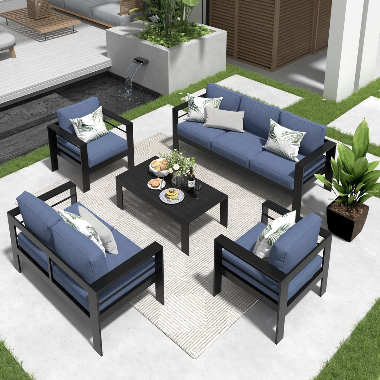 Solaste Juego de muebles de aluminio para patio, 5 piezas, moderno juego de conversación al aire libre, sofá seccional con cojín mejorado y mesa auxiliar, marco negro y cojín azul