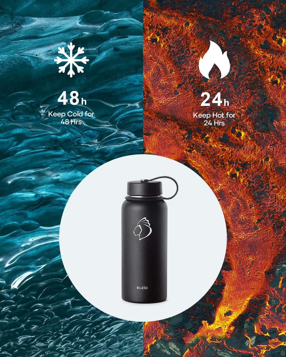 Botella de agua BUZIO 32 oz, acero inoxidable, aislada al vacío