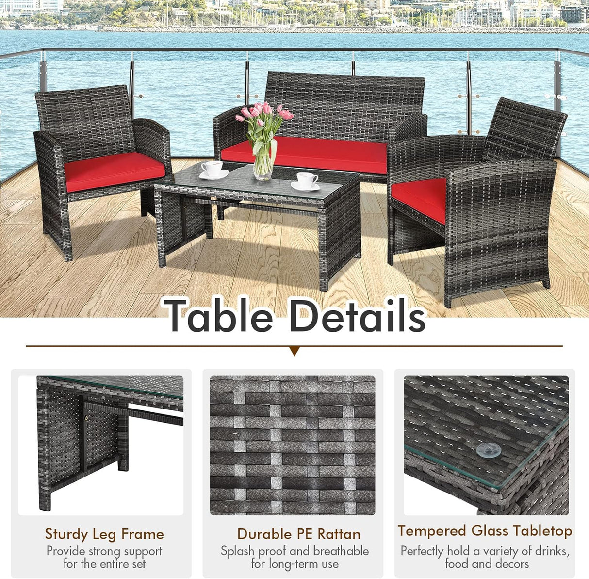 Goplus Juego de muebles de ratán de 4 piezas, sofá de conversación de mimbre para exteriores con cojines resistentes a la intemperie y mesa de vidrio templado para césped, patio, piscina, jardín (rojo)