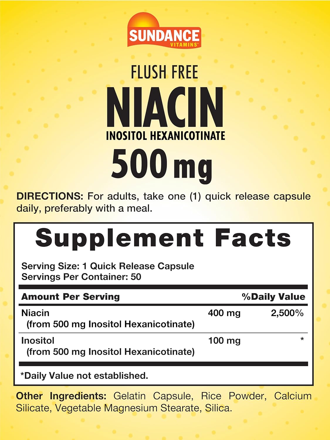 Sundance Flush Free Niacin 500mg | 50 Cápsulas | Sin GMO