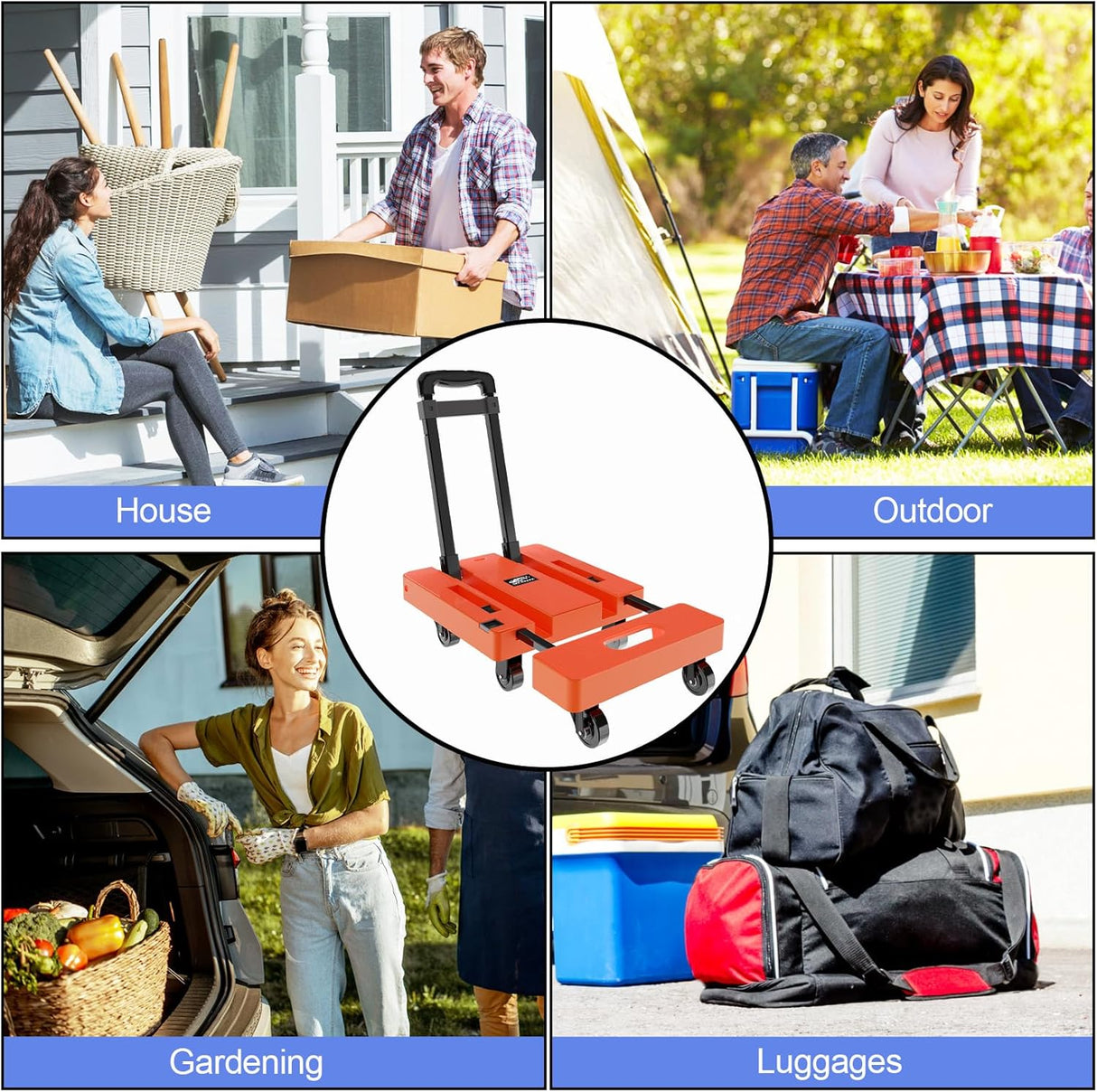 Carretilla Plegable SOLEJAZZ, 500LB, 6 Ruedas, 2 Cuerdas