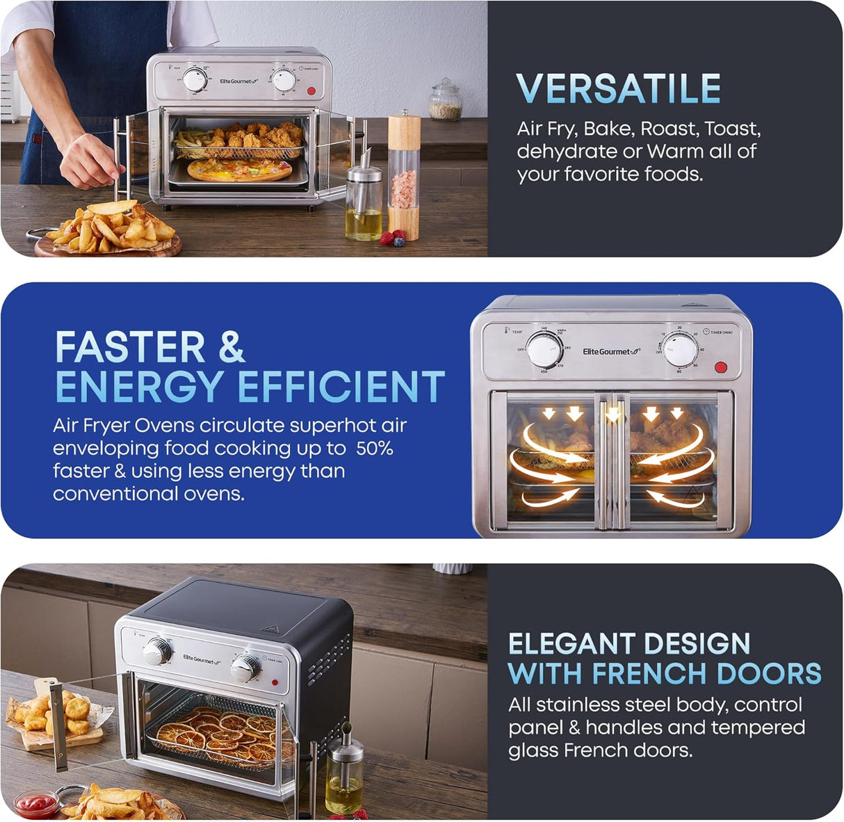 Elite Gourmet EAF1222SS - Horno freidora de aire con puertas