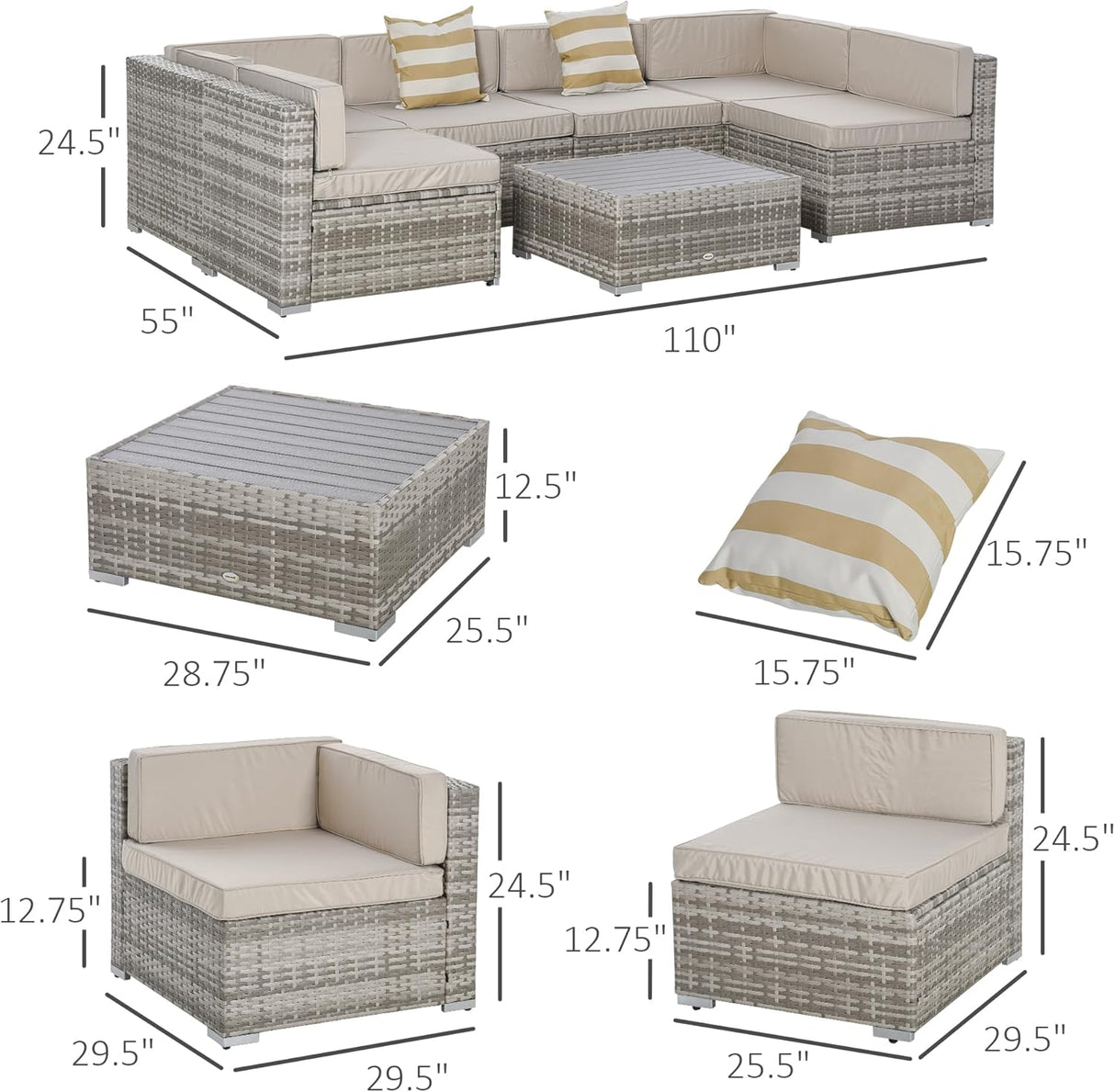 Outsunny Juego de muebles de patio de 7 piezas, juego de conversación de mimbre para exteriores, juego de sofá modular de ratán PE para todo tipo de clima, con cojines y mesa de madera sintética templada, almohadas a rayas, beige