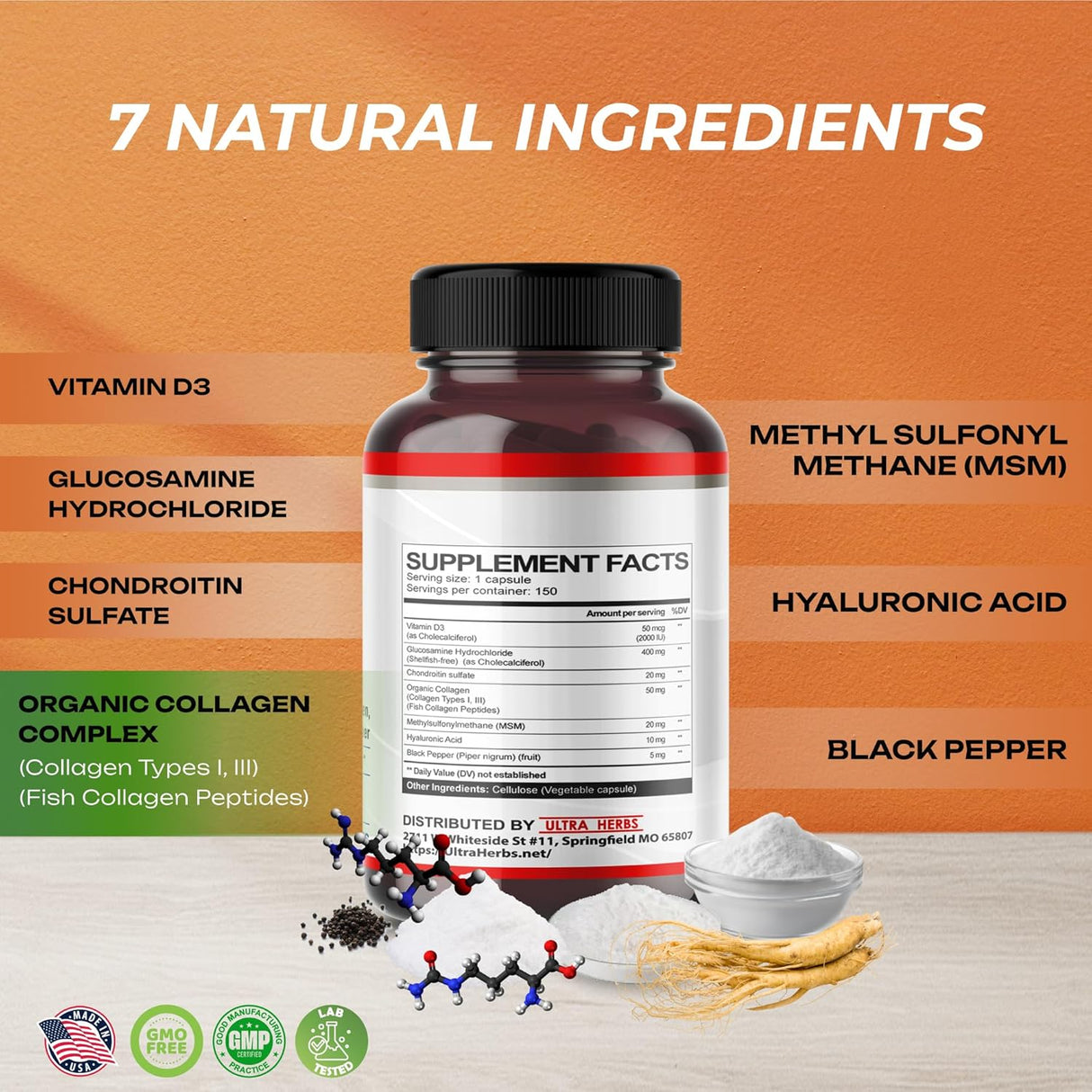 Suplemento de Glucosamina, Chondroitina y MSM | 150 Cápsulas