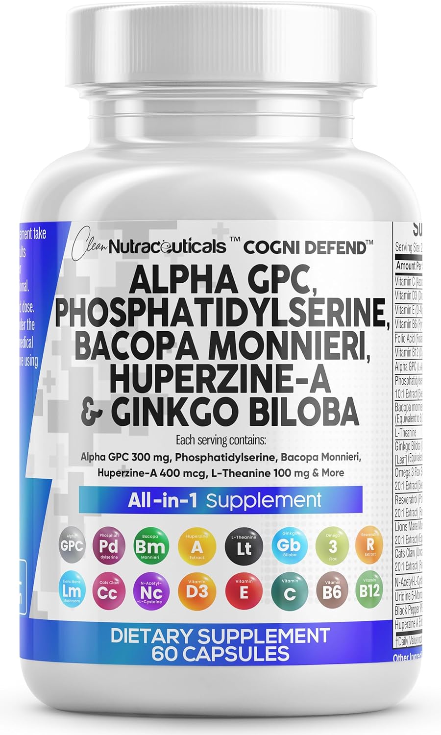 Suplemento de Nootrópicos con Alpha GPC, Bacopa, Ginkgo y Vitaminas