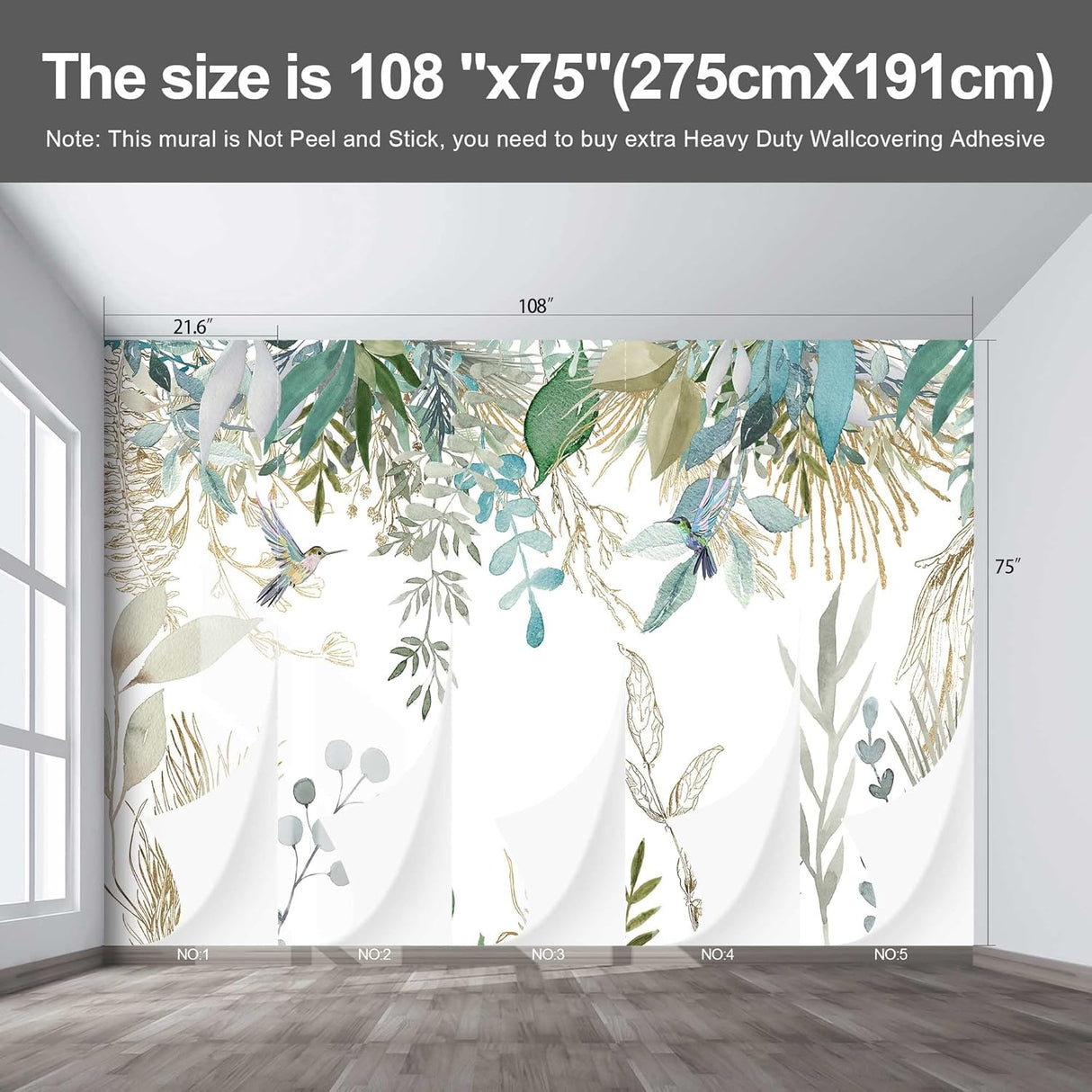 Fightal - Papel pintado de hojas botánicas tropicales, mural de pared con plantas verdes para sala de estar y dormitorio (papel tapiz para pared de habitacion) 108 x 75 pulgadas (no despegar ni pegar)