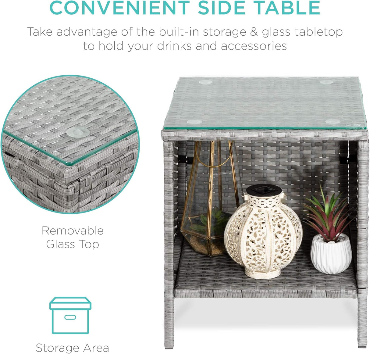 Best Choice Products Juego de 3 piezas de mimbre para exteriores, muebles de patio que ahorran espacio para patio, jardín con 2 sillas, 2 cojines, mesa de almacenamiento lateral, gris/azul marino