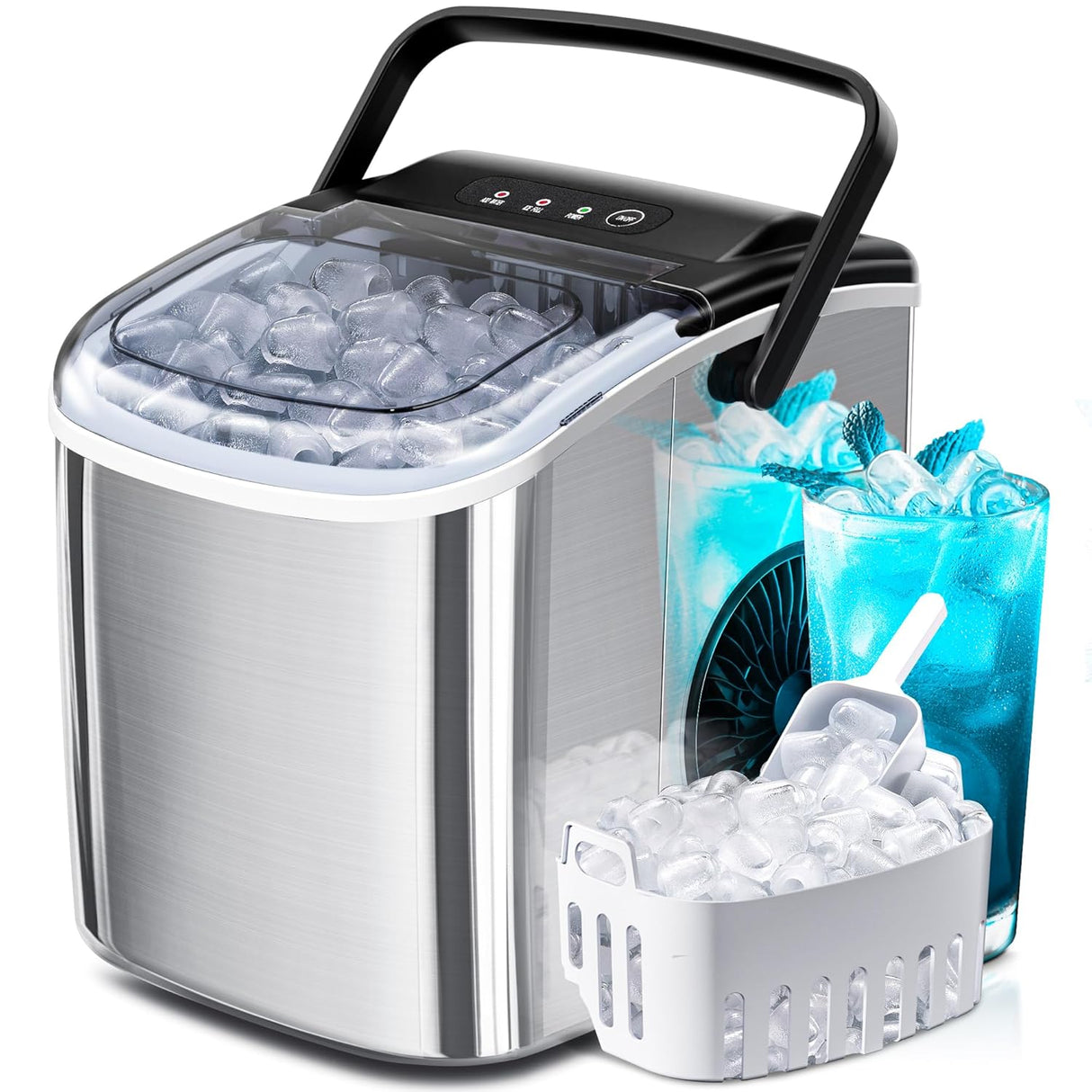 Máquina de Hielo Portátil, 26lbs/24Hrs, Limpieza Automática