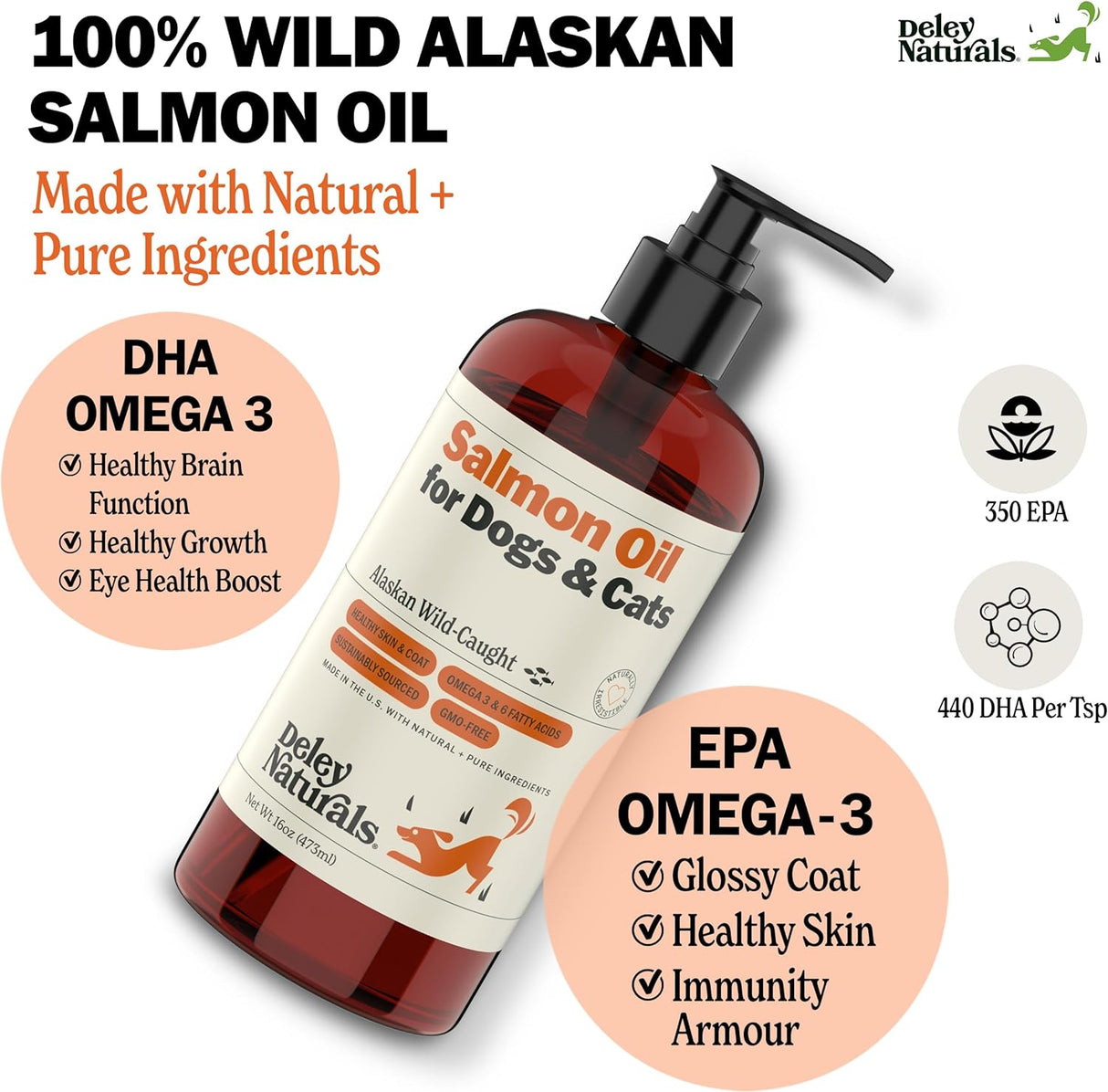 Deley Naturals Aceite de salmón capturado en la naturaleza de Alaska prémium para perros y gatos, suplemento de aceite de pescado rico en omega-3 para una piel, pelaje y articulaciones saludables, totalmente natural, de origen sostenible, 16 onzas