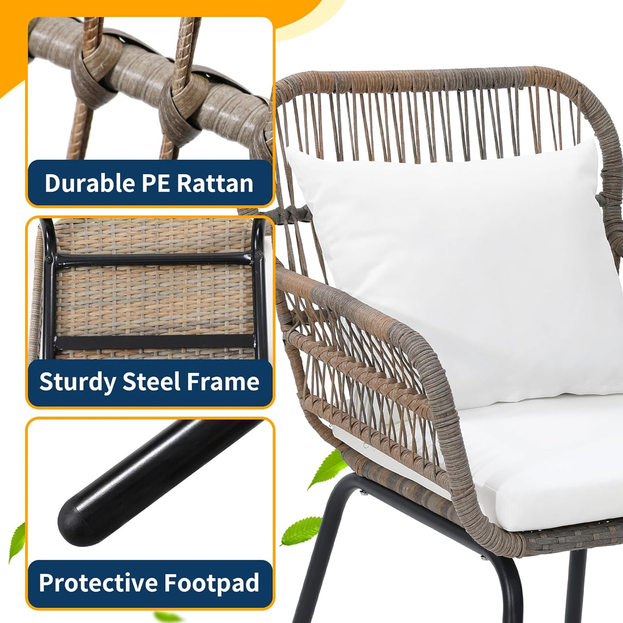 Wildformers Juego de 3 piezas de mimbre de mimbre, juego de conversación al aire libre, juego de muebles de mimbre con mesa superior de cristal, ahorro de espacio para balcón, patio trasero, natural