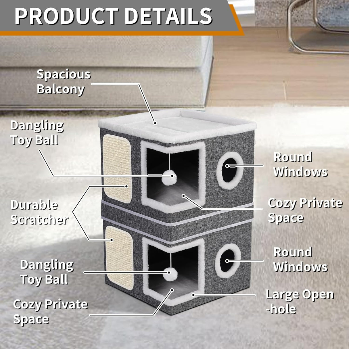 Casa de Gato de 2 Pisos, Marca XYZ, Cueva y Rascadores, Modelo ABC