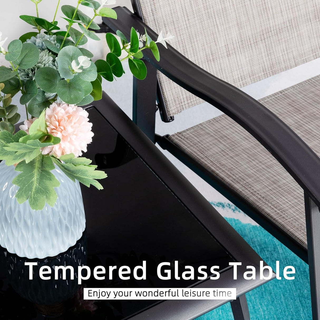 Vongrasig Juego de 3 piezas de muebles de patio pequeños de tela textileno, juego de muebles de patio pequeños, juego de conversación con mesa de vidrio para césped, jardín, balcón, junto a la piscina (pardo)