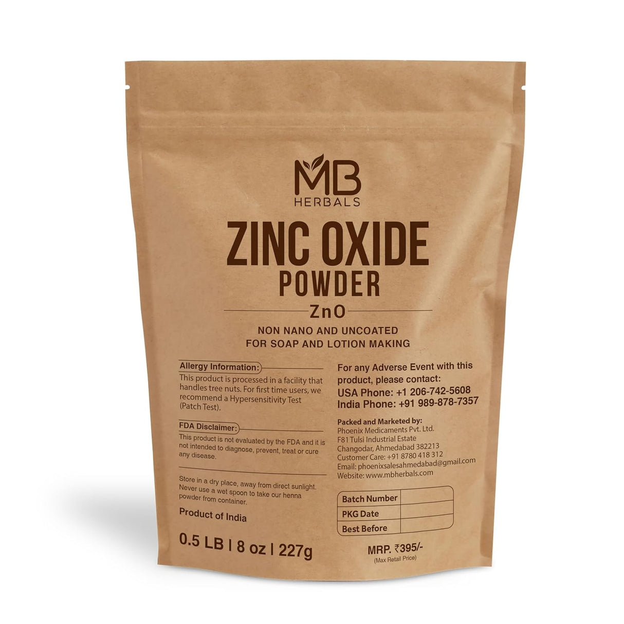 MB Herbals Polvo de Óxido de Zinc 8 oz Sin Nano Sin Recubrimiento