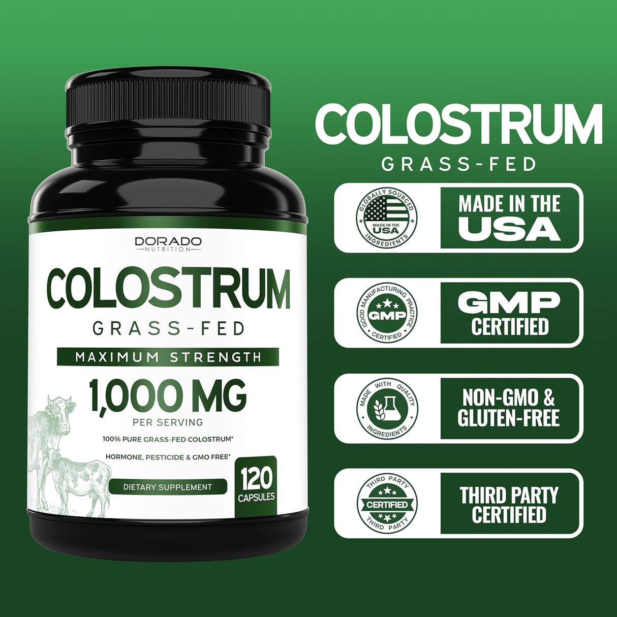 Suplemento de Calostro 1000mg - Vegano, Gluten Free, USA