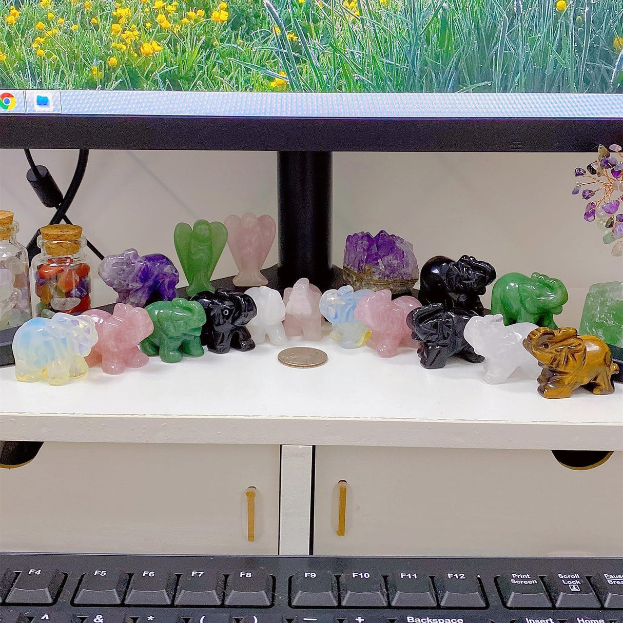 QINJIEJIE 3 pcs de cristales decorativos de elefante, amatista, cuarzo rosa, aventurina verde, bonitas piedras de escritorio, estatua de piedras preciosas naturales, decoración de la suerte,