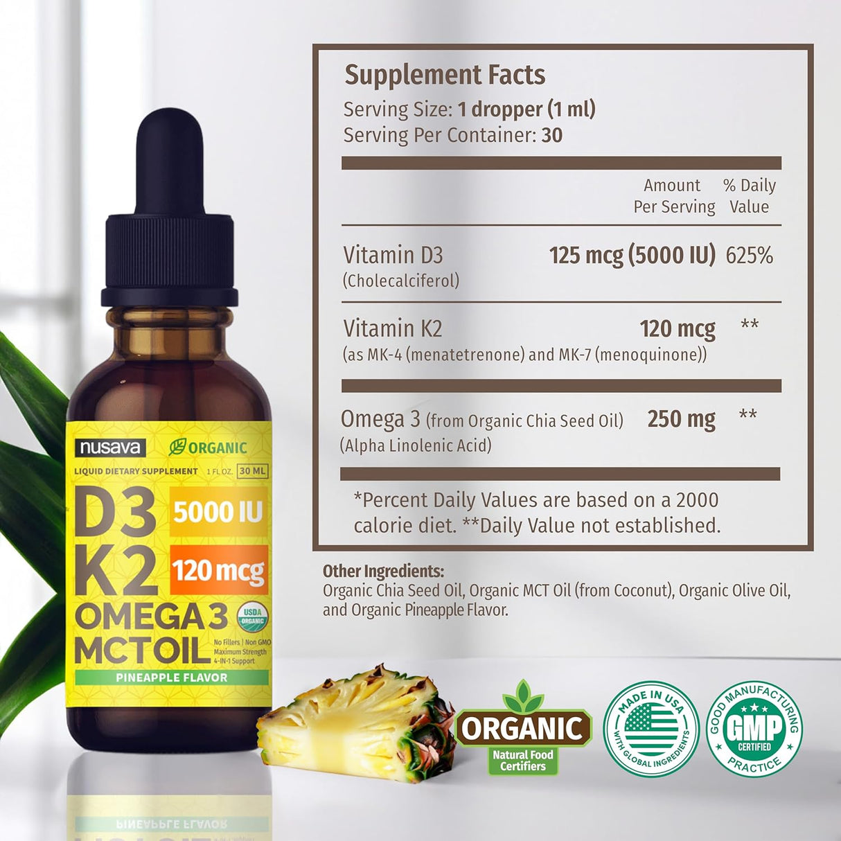 Gotas de Vitamina D3 K2 Orgánica, 5000 IU, 2 Pack, MCT Oil