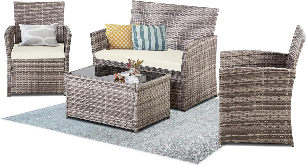 Seogwisam Juego de muebles de patio de 4 piezas, juegos de conversación de mimbre para exteriores, sofá seccional de ratán con mesa de café, cojines de asiento para patio trasero, porche, jardín,