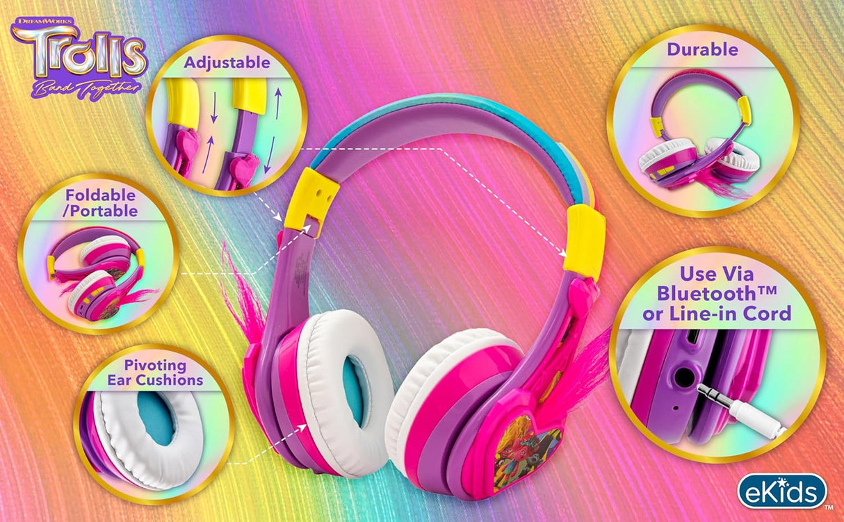 Auriculares Bluetooth eKids Trolls, Plegables y Con Micrófono