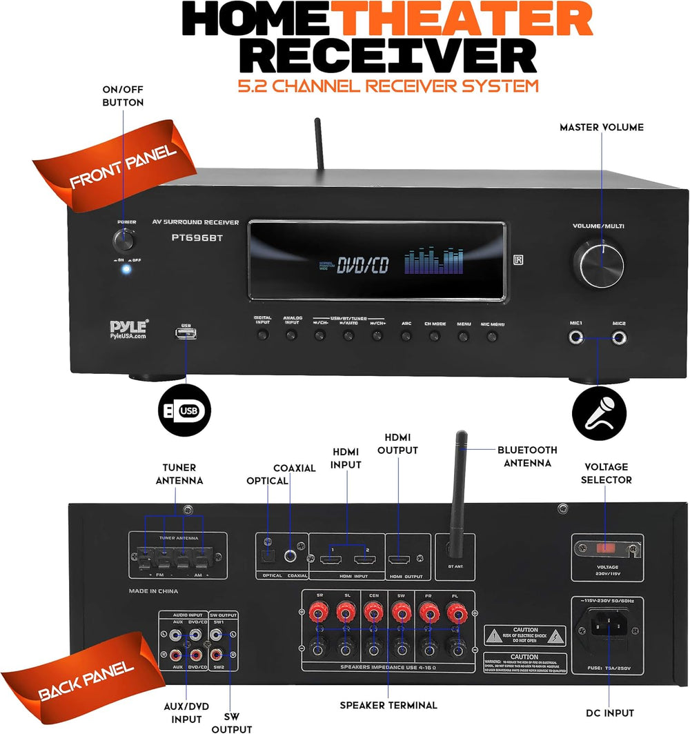 Amplificador estéreo de sonido PYLE-HOME PT696BT
