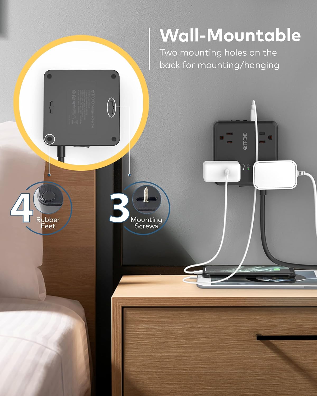 TROND Regleta de alimentación USB con protector de sobretensiones