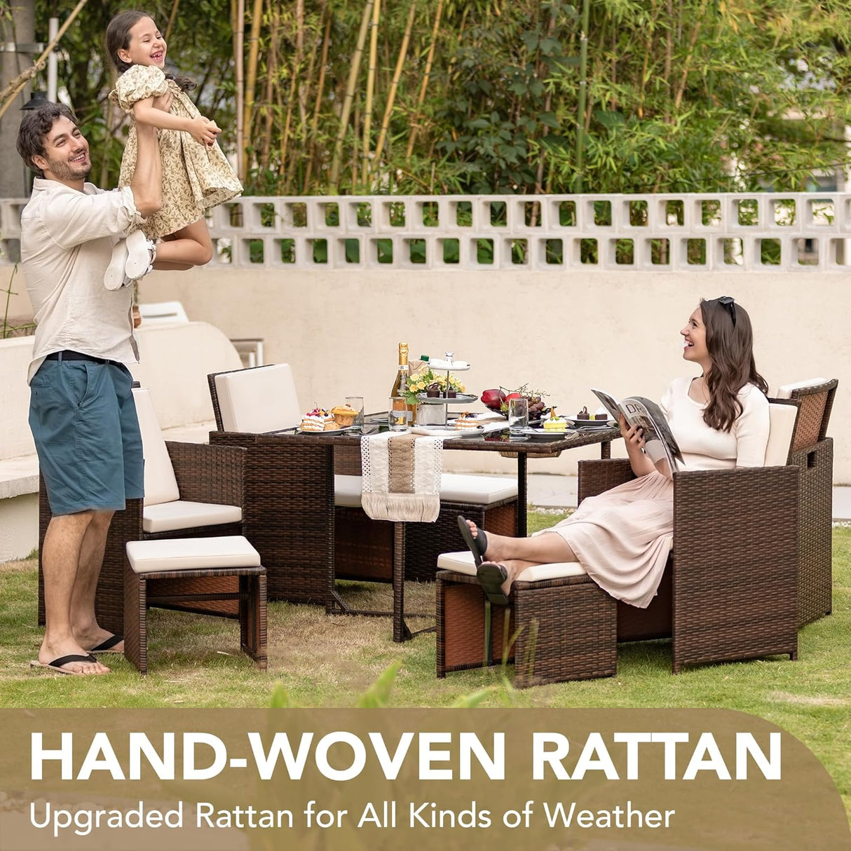 Devoko Juego de comedor para patio al aire libre, sillas de ratán con mesa de cristal para patio, conjunto de muebles acolchados de limpieza y respaldo con conversación seccional.