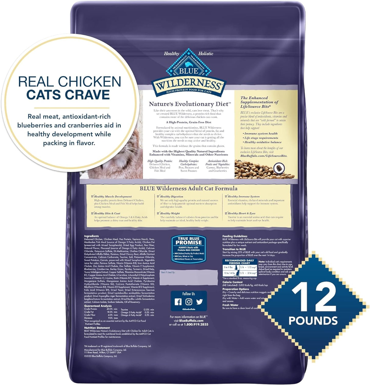 Blue Buffalo Comida para gatos, receta natural de pollo, Wilderness alta en proteínas, alimento seco para gatos adultos, bolsa de 12 libras