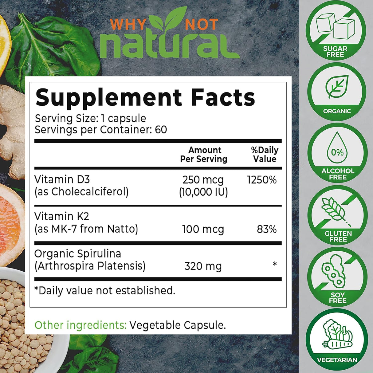 Natural Vitamina D3 K2 (MK-7) con Espirulina Orgánica 10,000 IU