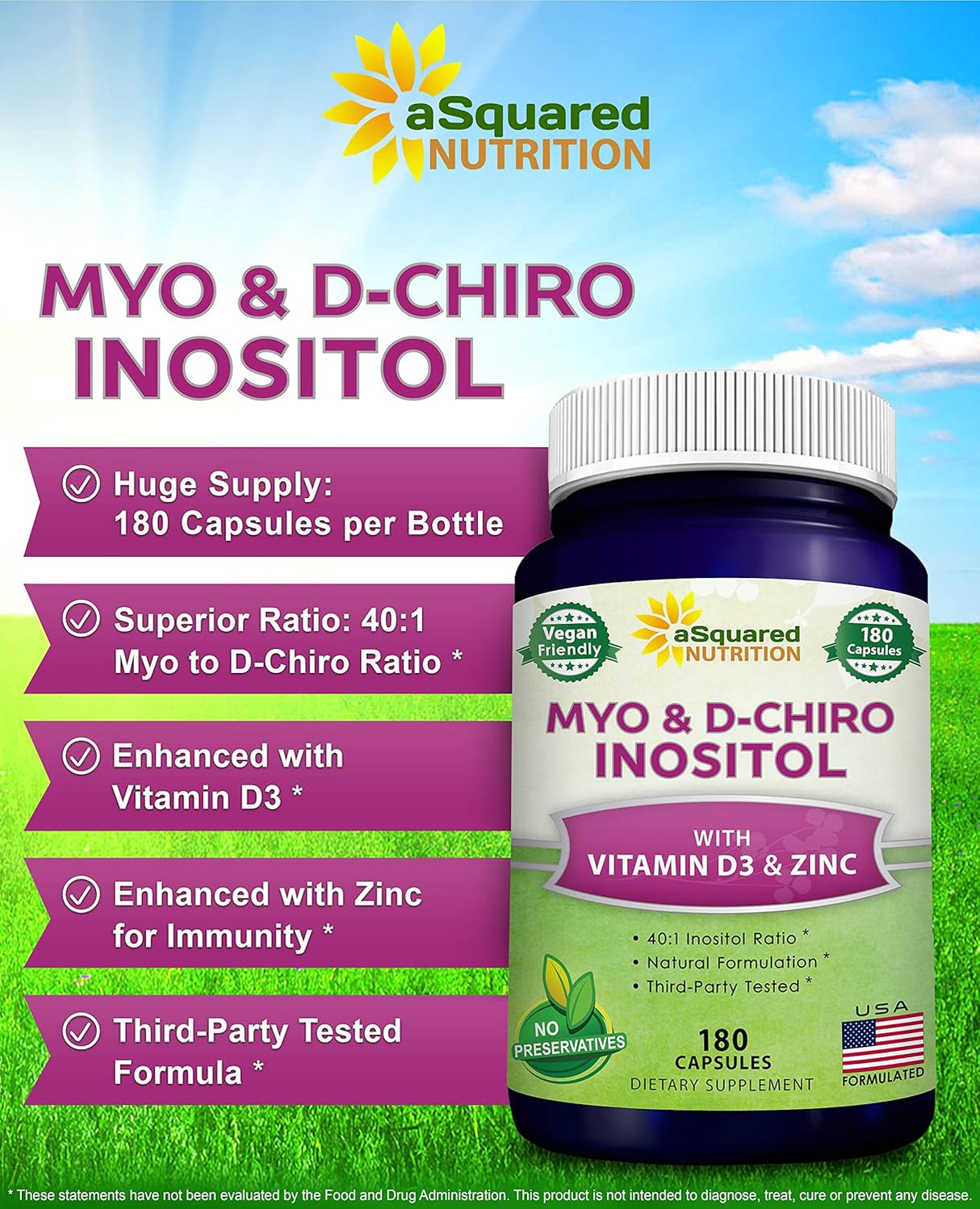 aSquared Nutrition Suplemento de mio-inositol y D-Chiro inositol - 180 cápsulas - Más vitamina D3 y zinc - Proporción de mio y D-Chiro inositol 40 a 1 - Píldoras del complejo VIT B8