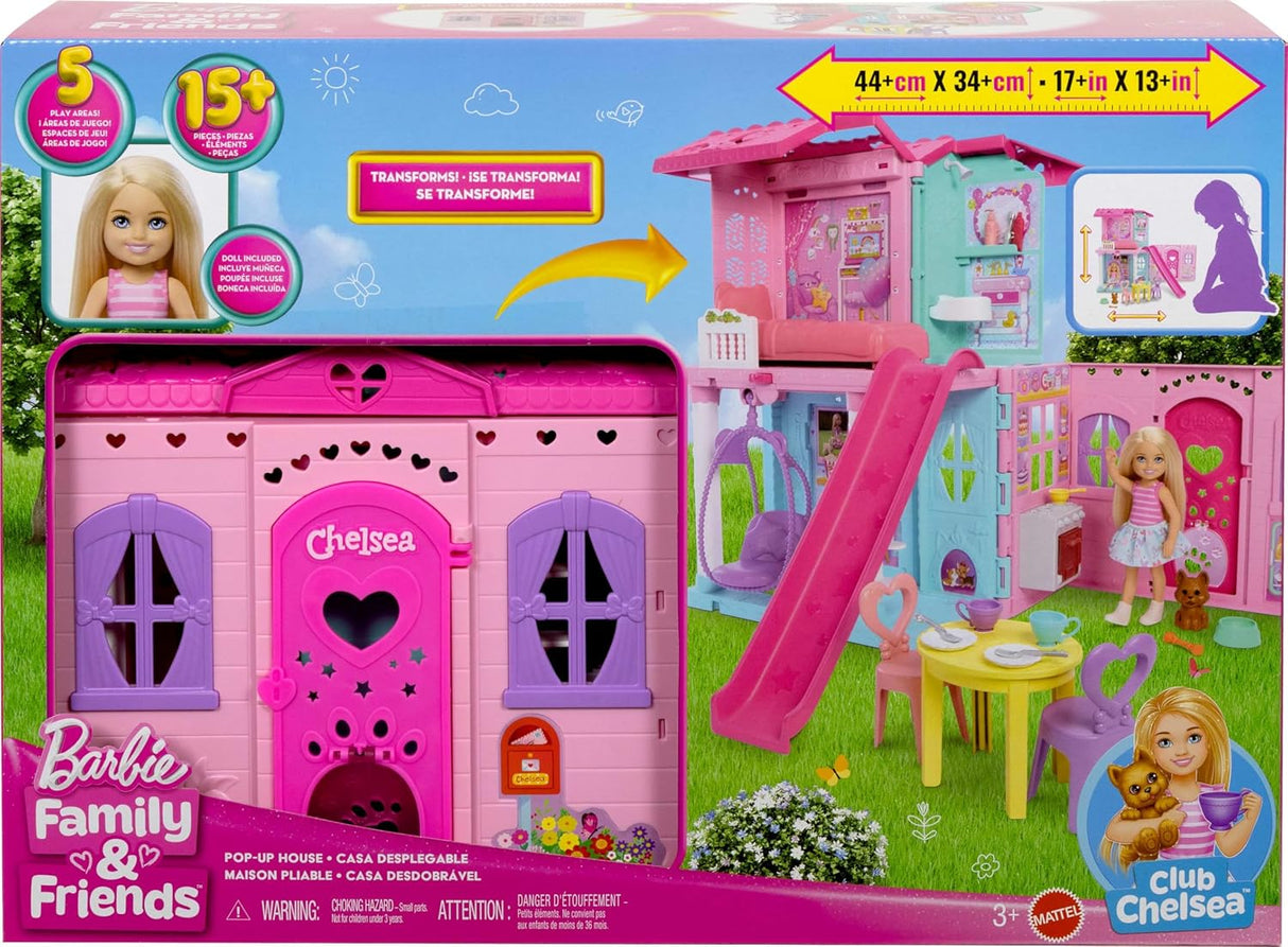 Casa de Muñecas Barbie Chelsea con 15+ accesorios, 5 áreas y tobogán