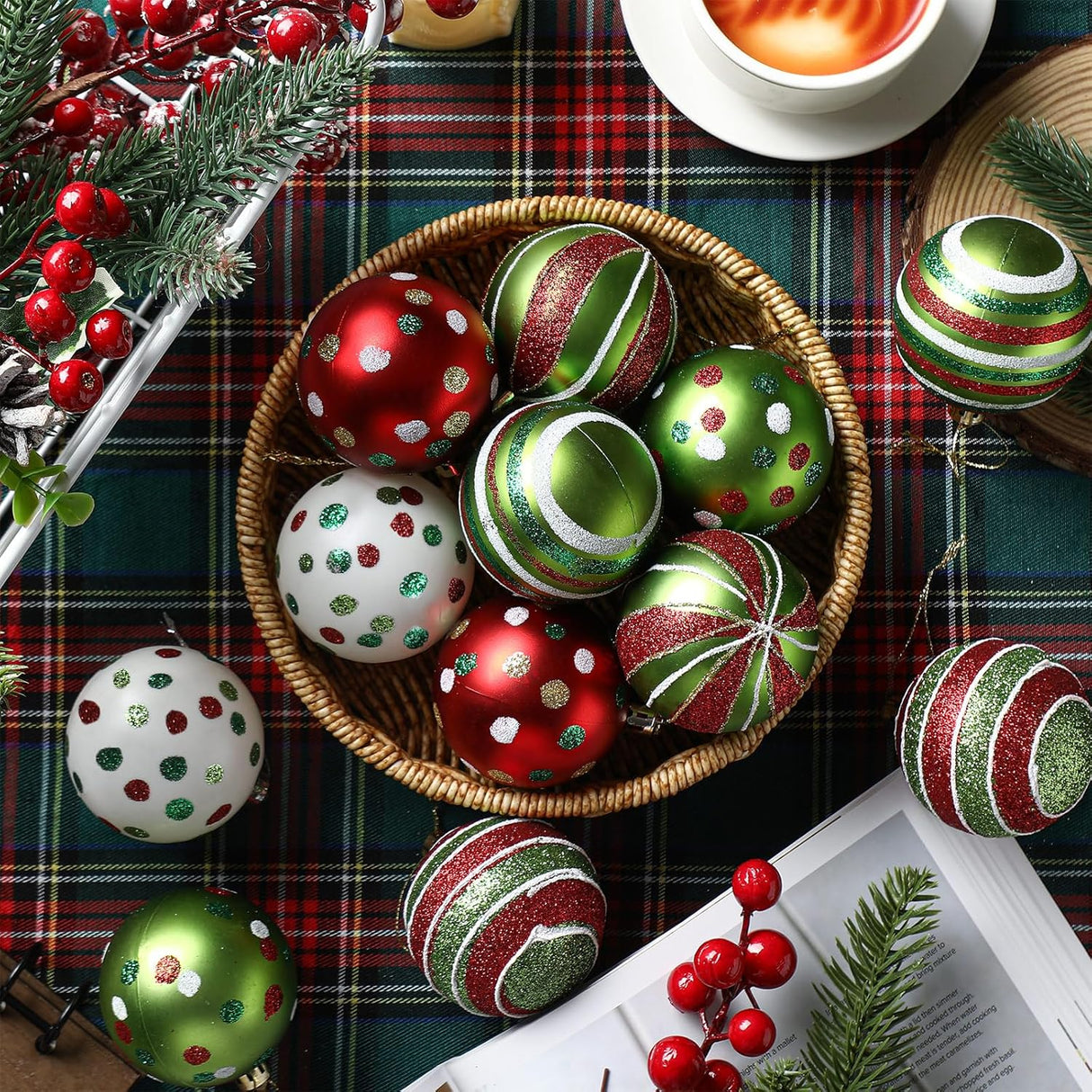 Adornos Navideños 12 Pcs Liliful, Bolas de Plástico Glitter 2.4