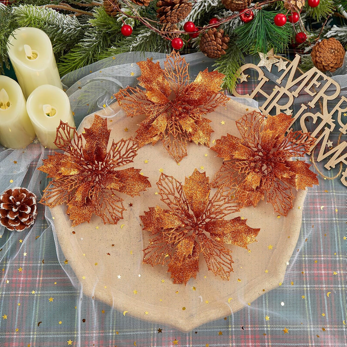 Flores Poinsettia Artificial 16 Pcs - Wironlst Decoraciones Navidad