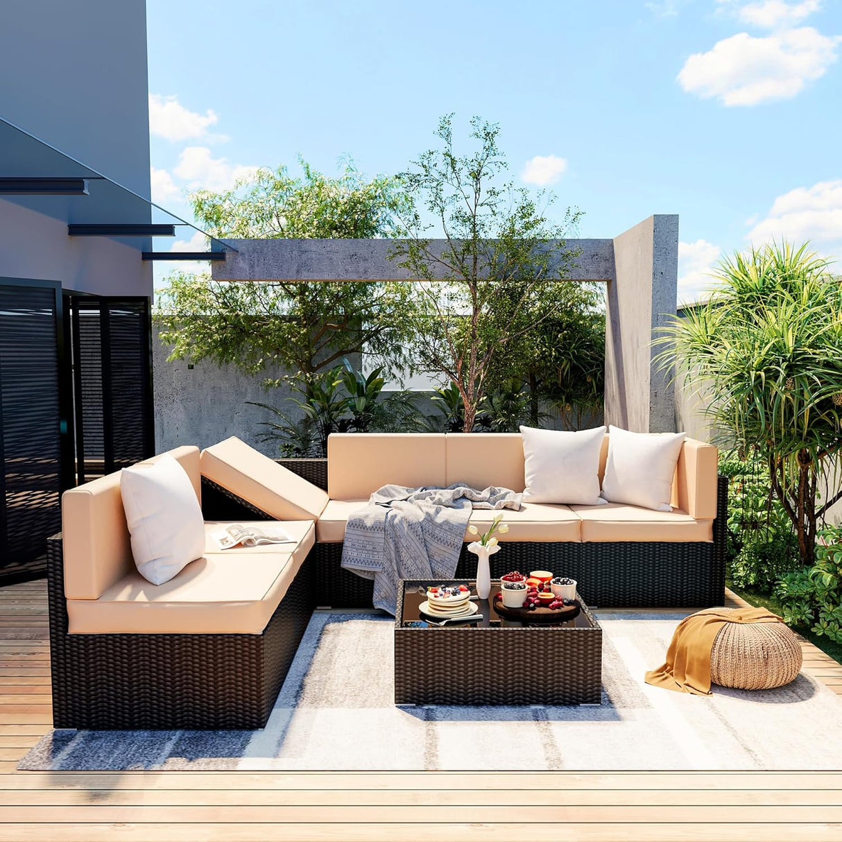 Pamapic - Juego sala seccionable en 7 piezas de mimbre para patio, conjunto de conversación al aire libre con mesa de centro y cojines lavables…